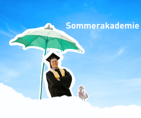 Person unter einem Sonnenschirm, daneben eine Möwe, Text "Sommerakademie"