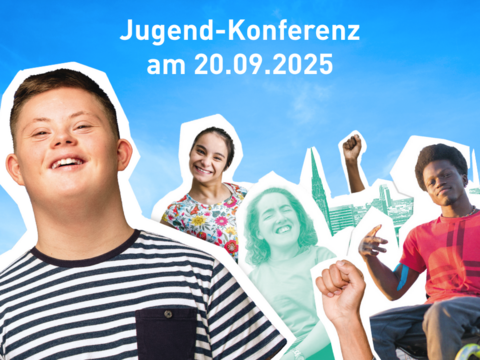 Bild mit vier junge Menschen mit Behinderung und Titel: Jugend-Konferenz am 20.09.2025